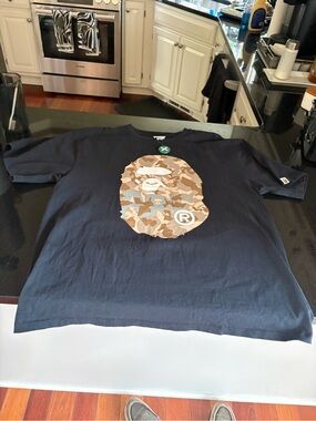 Bape Navy Short-Sleeve Tee with Tan Brown Camo Ape Head